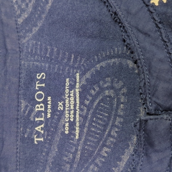 Talbots Women's Shirt Paisley Blue White Blouse Henley 3/4 Sleeve Plus Size 2X - Picture 5 of 8